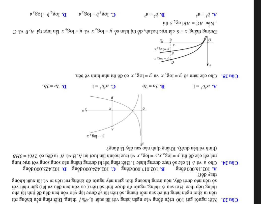 Một người gửi 100 triệu đồng vào ngân hàng với lãi suất 0,4% / tháng. Biết rằng nếu không rút
tiền ta khỏi ngân hàng thì cứ sau mỗi tháng, số tiền lãi sẽ được lập vào vốn ban đầu đề tính lãi cho
tháng tiếp theo. Hỏi sau 6 tháng, người đó được lĩnh số tiền ( cả vốn ban đầu và lãi) gần nhất với
số tiền nào dưới đây, nếu trong khoảng thời gian này người đó không rút tiền ra và lãi xuất không
thay đổi?
A. 102.16.000 đồng B. 102.017.000 đồng C. 102.424.000 đồng D. 102.423.000 đồng
Câu 24. Cho a và b là các số thực dương khác 1. Biết rằng bất kì đường thăng nào song song với trục tung
mà cắt các đồ thị y=log _ax,y=log _bx và trục hoành lần lượt tại A, B và H ta đều có 2HA=3HB
(hình vẽ bên dưới). Khắng định nào sau đây là đúng?
9
y=log _ax
A
0
.
H 。
B
A. a^2b^3=1 B. 3a=2b C. a^3b^2=1 D. 2a=3b.
Câu 25. Cho các hàm số y=log _ax và y=log _bx có đồ thị như hình vẽ bên.
Đường thắng x=6 cắt trục hoành, đồ thị hàm số y=log _ax và y=log _bx lần lượt tại A,B và C
. Nếu AC=ABlog _23 thì
A. b^3=a^2 B. b^2=a^3 C. log _3b=log _2a D. log _2b=log _3a