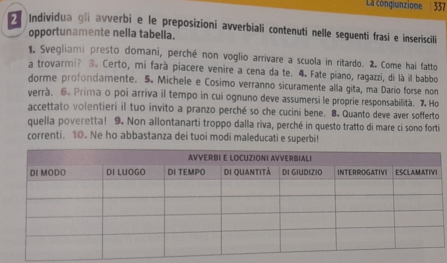 La congiunzione 337 
2 Individua gli avverbi e le preposizioni avverbiali contenuti nelle seguenti frasi e inseriscili 
opportunamente nella tabella. 
1. Svegliami presto domani, perché non voglio arrivare a scuola in ritardo. 2. Come hai fatto 
a trovarmi? 3. Certo, mi farà piacere venire a cena da te. 4. Fate piano, ragazzi, di là il babbo 
dorme profondamente. 5. Michele e Cosimo verranno sicuramente alla gita, ma Dario forse non 
verrà. 6 Prima o poi arriva il tempo in cui ognuno deve assumersi le proprie responsabilità. 7 Ho 
accettato volentieri il tuo invito a pranzo perché so che cucini bene. 8. Quanto deve aver sofferto 
quella poveretta! 9. Non allontanarti troppo dalla riva, perché in questo tratto di mare ci sono forti 
correnti. 10. Ne ho abbastanza dei tuoi modi maleducati e superbi!