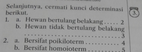 Selanjutnya, cermati kunci determinasi 3 
berikut. 
1. a. Hewan bertulang belakang . . . . . 2
b. Hewan tidak bertulang belakang 
... 3
2. a. Bersifat poikiloterm ........... 4
b. Bersifat homoioterm . . . . . . . . , , 5