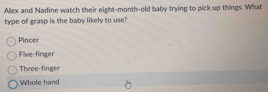 Alex and Nadine watch their eight-month-old baby trying to pick up things. What
type of grasp is the baby likely to use?
Pincer
Five-finger
Three-finger
Whole hand