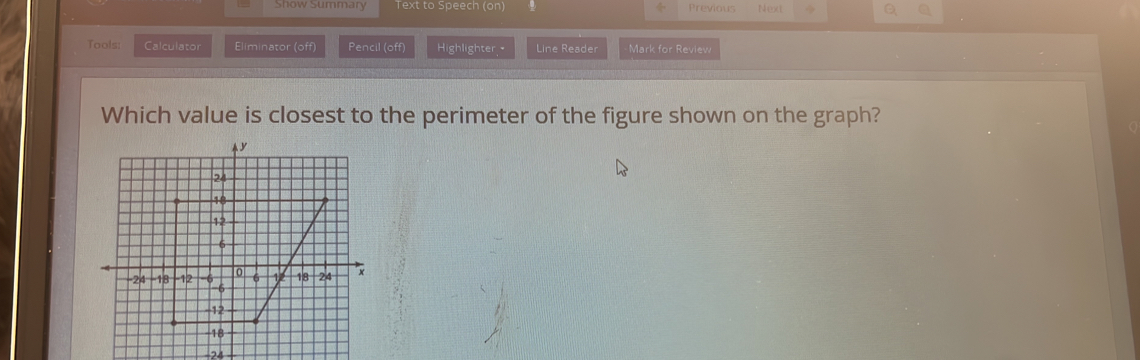 Show Summary Text to Speech (on) Previous Next 
Tools: Calculator Eliminator (off) Pencil (off) Highlighter Line Reader Mark for Review 
Which value is closest to the perimeter of the figure shown on the graph? 
-24