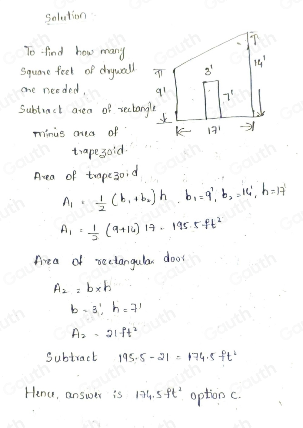Solved: How many square feet of drywall are needed for the wall shown ...