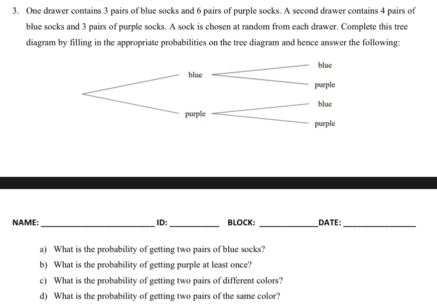 One drawer contains 3 pairs of blue socks and 6 pairs of purple socks. A second drawer contains 4 pairs of 
blue socks and 3 pairs of purple socks. A sock is chosen at random from each drawer. Complete this tree 
diagram by filling in the appropriate probabilities on the tree diagram and hence answer the following: 
NAME:_ ID: _BLOCK: _DATE:_ 
a) What is the probability of getting two pairs of blue socks? 
b) What is the probability of getting purple at least once? 
c) What is the probability of getting two pairs of different colors? 
d) What is the probability of getting two pairs of the same color?