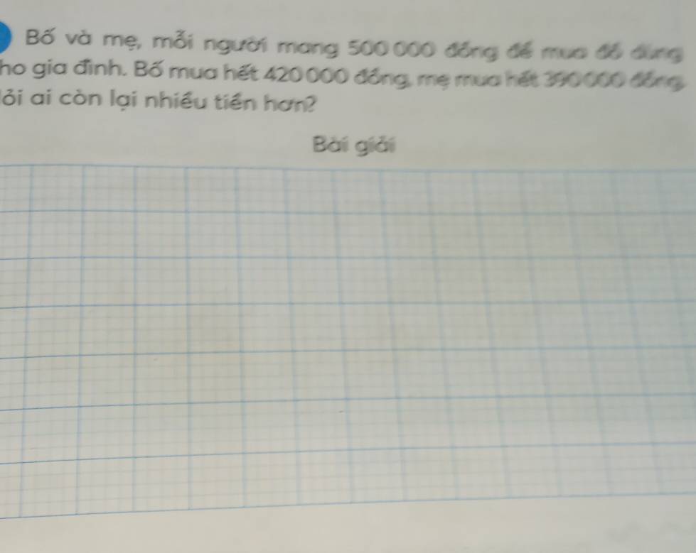 Bố và mẹ, mỗi người mang 500000 đồng để mua đồ đùng 
ho gia đình. Bố mua hết 420000 đồng, mẹ mua hết 390000 đồng 
lỏi ai còn lại nhiều tiền hơn? 
Bài giải