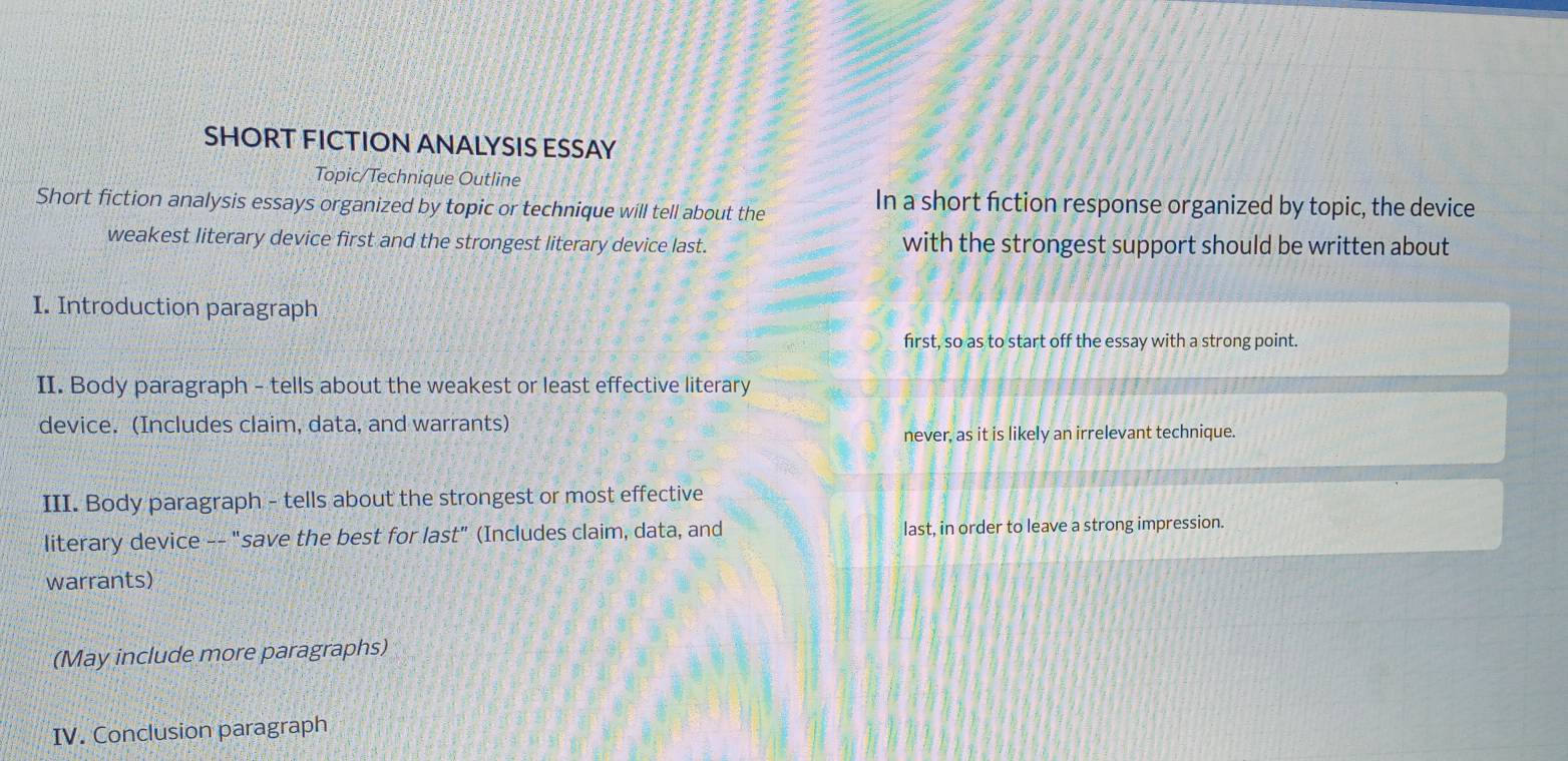 SHORT FICTION ANALYSIS ESSAY 
Topic/Technique Outline 
Short fiction analysis essays organized by topic or technique will tell about the In a short fiction response organized by topic, the device 
weakest literary device first and the strongest literary device last. with the strongest support should be written about 
I. Introduction paragraph 
first, so as to start off the essay with a strong point. 
II. Body paragraph - tells about the weakest or least effective literary 
device. (Includes claim, data, and warrants) 
never, as it is likely an irrelevant technique. 
III. Body paragraph - tells about the strongest or most effective 
literary device -- "save the best for last” (Includes claim, data, and last, in order to leave a strong impression. 
warrants) 
(May include more paragraphs) 
IV. Conclusion paragraph