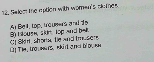 Select the option with women's clothes.
A) Belt, top, trousers and tie
B) Blouse, skirt, top and belt
C) Skirt, shorts, tie and trousers
D) Tie, trousers, skirt and blouse