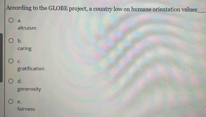 According to the GLOBE project, a country low on humane orientation values_
a.
altruism
b.
caring
C.
gratification
d.
generosity
e.
fairness