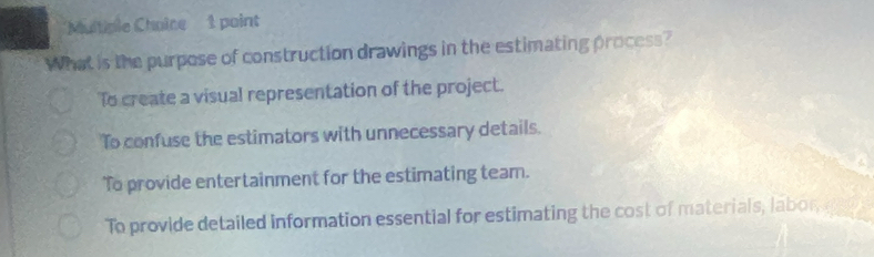 Muitiple Choîce 1 point
What is the purpose of construction drawings in the estimating process?
To create a visual representation of the project.
To confuse the estimators with unnecessary details.
To provide entertainment for the estimating team.
To provide detailed information essential for estimating the cost of materials, labor,