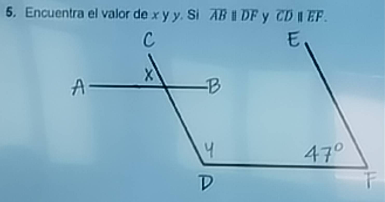 Encuentra el valor de x y y. Si overline ABparallel overline DF overline CD||overline EF.