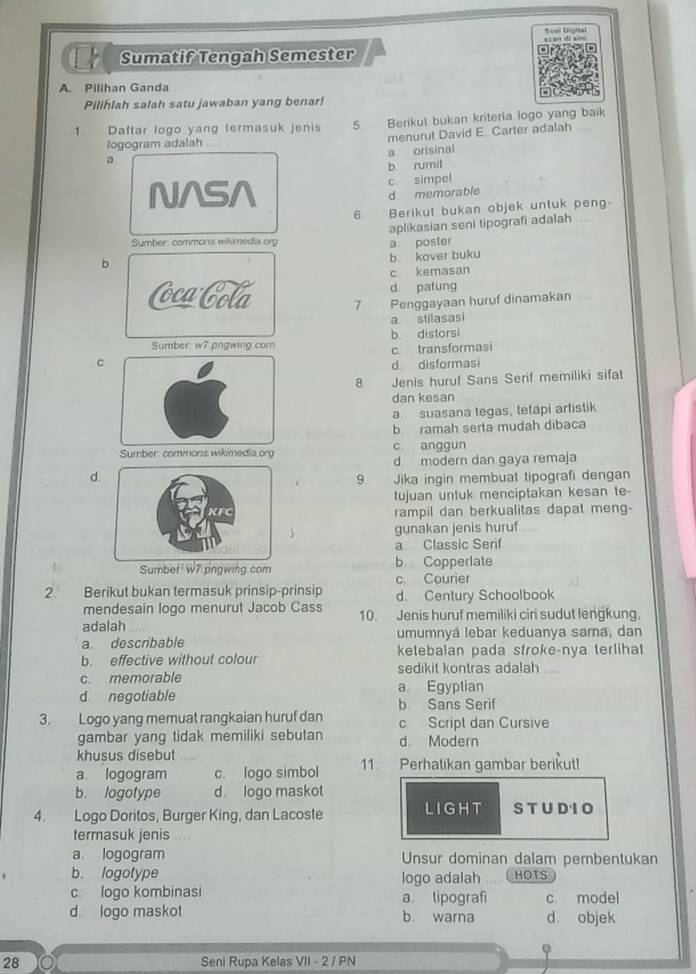 Boad Digital
Sumatif Tengah Semester sc a di sin
A. Pilihan Ganda
Pillhlah salah satu jawaban yang benar!
1 Daftar logo yang termasuk jenis 5. Berikut bukan kriteria logo yang baik
Iogogram adalah menurut David E. Carter adalah
a orisinal
a
b rumit
N^S^ c simpel
d memorable
6. Berikut bukan objek untuk peng-
aplikasian seni tipografi adalah
Sumber: commons wilimedia org a poster
b
b. kover buku
c kemasan
d patung
Cca Cola 7 Penggayaan huruf dinamakan
a stilasasi
b distorsi
Sumber: w7.pngwing.com
Cc transformasi
d disformasi
8 Jenis huruf Sans Serif memiliki sifat
dan kesan
a suasana tegas, tetapi artistik
b ramah serta mudah dibaca
Sumber: commons wikimedia org c anggun
d modern dan gaya remaja
d.9. Jika ingin membuat tipografi dengan
tujuan untuk menciptakan kesan te-
rampil dan berkualitas dapat meng-
gunakan jenis huruf
a Classic Serif
Sumbet WT pngwing.com b Copperlate
c. Courier
2. Berikut bukan termasuk prinsip-prinsip d. Century Schoolbook
mendesain logo menurut Jacob Cass 10. Jenis huruf memiliki ciri sudut lengkung.
adalah
umumnyá lebar keduanya sama, dan
a. describable ketebalan pada stroke-nya terlihat
b. effective without colour sedikit kontras adalah ....
c. memorable a Egyplian
d negotiable b Sans Serif
3. Logo yang memuat rangkaian huruf dan c Script dan Cursive
gambar yang tidak memiliki sebutan d. Modern
khusus disebut
a logogram c. logo simbol 11. Perhalikan gambar berikut!
b. logotype d. logo maskot
4. Logo Doritos, Burger King, dan Lacoste LIGHT STUDIO
termasuk jenis
a logogram Unsur dominan dalam pembentukan
b. logotype logo adalah HOTS
c. logo kombinasi a lipografi c model
d logo masko b. warna d objek
28 Seni Rupa Kelas VII - 2 / PN