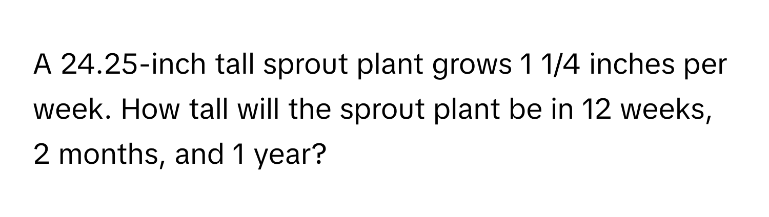 A 24.25-inch tall sprout plant grows 1 1/4 inches per week. How tall will the sprout plant be in 12 weeks, 2 months, and 1 year?