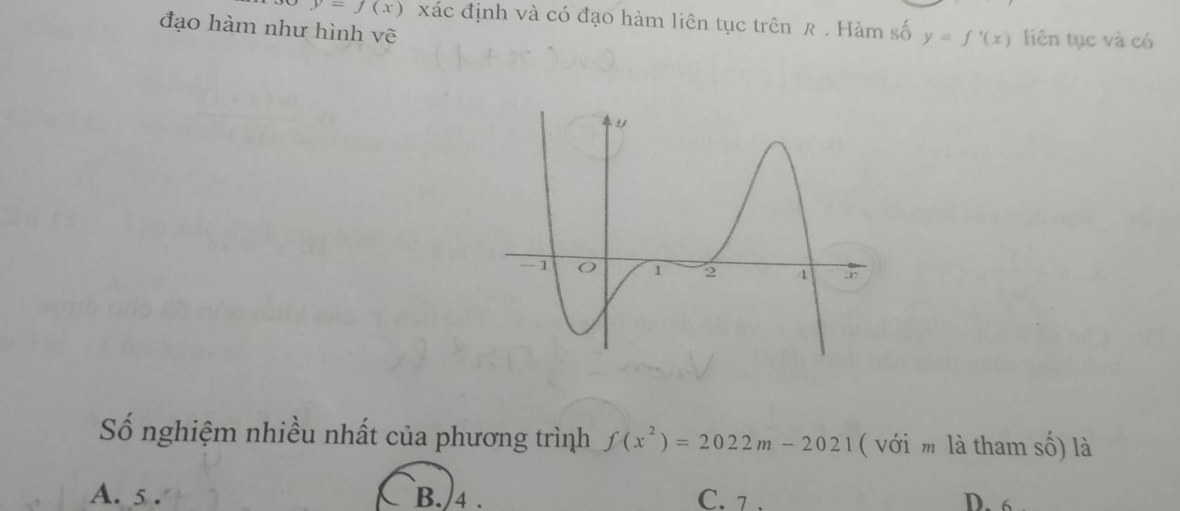 y=f(x) xác định và có đạo hàm liên tục trên R. Hàm số y=f'(x) liên tục và có
đạo hàm như hình vẽ
Số nghiệm nhiều nhất của phương trình f(x^2)=2022m-2021 ( với m là tham số) là
A. 5. B. 4. C. 7. D. 6