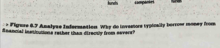 funds companies tunas 
Figure 6.7 Analyze Information Why do investors typically borrow money from 
financial institutions rather than directly from savers?