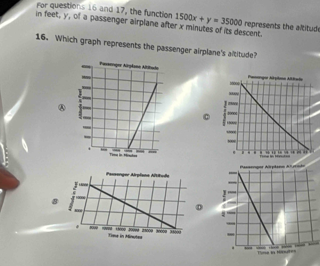 For questions 16 and 17, the function 1500x+y=35000 represents the altitude 
in feet, y, of a passenger airplane after x minutes of its descent. 
16. Which graph represents the passenger airplane’s altitude? 
⑧ 
D 
* δ000 +8000 20000 (5000 300