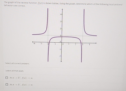 The graph of the rational function f(x)
behaviors are correct. is shown below. Using the graph, determine which of the following local and end
Select all correct answe
Select all that apply:
Asxto 3°, f(x)to ∈fty
Asato 3^-, f(x)to ∈fty