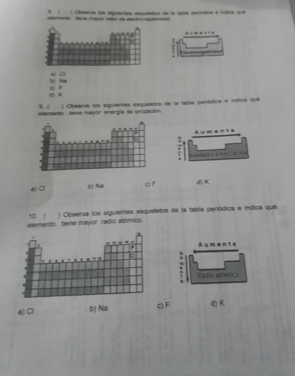 《 ) Obaarva los sigutentes esquetaton de la tatsa pariódtiva a tráics qué
eteento Sera mayor volor de elect onegatvted

a) C
b) Na
Q F
K
B. ( ) Observa los siguientes esqueletos de la tabla periódica e indica quê
elemento tiene mayor energlía de ionización.
Aumenta
: Enargia da lonizeción
a) Cl b) Na c) F d) K
10. ( ) Observa los siguientes esqueletos de la tabla periódica e indica qué
elemento tiene mayor radio atómico.
Aumenta
。 Radio atómico
c) F
a) Cl b) Na d) K