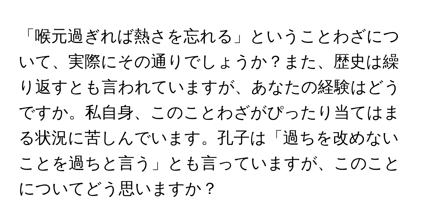 「喉元過ぎれば熱さを忘れる」ということわざについて、実際にその通りでしょうか？また、歴史は繰り返すとも言われていますが、あなたの経験はどうですか。私自身、このことわざがぴったり当てはまる状況に苦しんでいます。孔子は「過ちを改めないことを過ちと言う」とも言っていますが、このことについてどう思いますか？