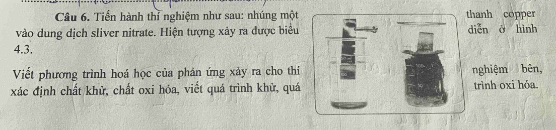 Tiến hành thỉ nghiệm như sau: nhúng một thanh copper 
vào dung dịch sliver nitrate. Hiện tượng xảy ra được biểu diễn ở hình
4.3.
100 - 
Viết phương trình hoá học của phản ứng xảy ra cho thí nghiệm bên, 
xác định chất khử, chất oxi hóa, viết quá trình khử, quá trình oxi hóa.