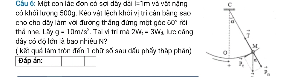 Một con lắc đơn có sợi dây dài l=1m và vật nặng C
có khối lượng 500g. Kéo vật lệch khỏi vị trí cân bằng sao
cho cho dây làm với đường thẳng đứng một góc 60° rồi
thả nhẹ. Lấy g=10m/s^2.  Tại vị trí mà 2W_t=3W_d , lực căng
dây có độ lớn là bao nhiêu N?
( kết quả làm tròn đến 1 chữ số sau dấu phẩy thập phân)
Đáp án:
- P_n