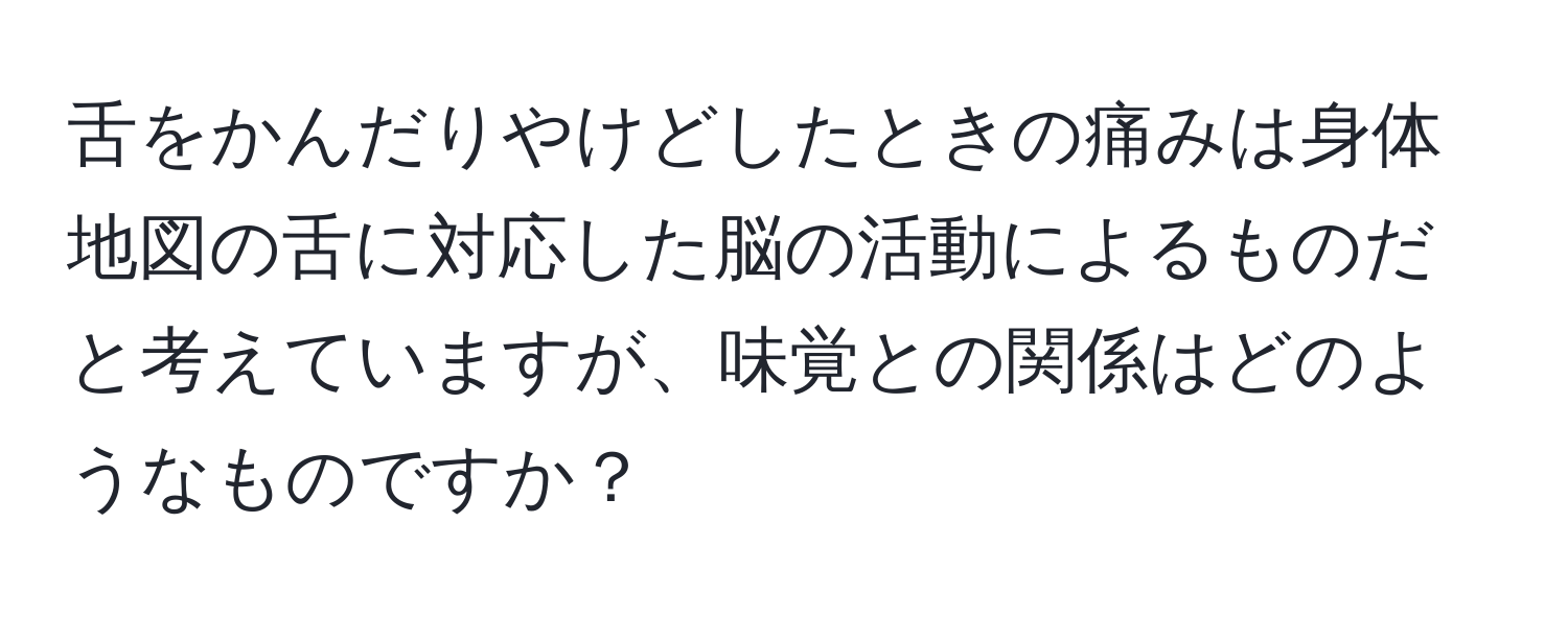 舌をかんだりやけどしたときの痛みは身体地図の舌に対応した脳の活動によるものだと考えていますが、味覚との関係はどのようなものですか？