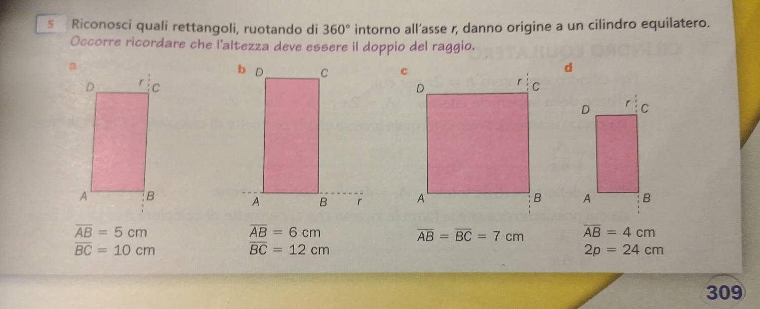 Riconosci quali rettangoli, ruotando di 360° intorno all’asse r, danno origine a un cilindro equilatero.
Occorre ricordare che l'altezza deve essere il doppio del raggio.

overline AB=5cm
overline AB=6cm
overline AB=overline BC=7cm
overline AB=4cm
overline BC=10cm
overline BC=12cm
2p=24cm
309