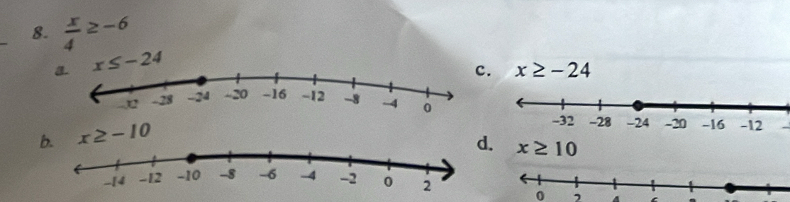  x/4 ≥ -6
a x≤ -24
c. x≥ -24
b. x≥ -10
d. x≥ 10
0 , A