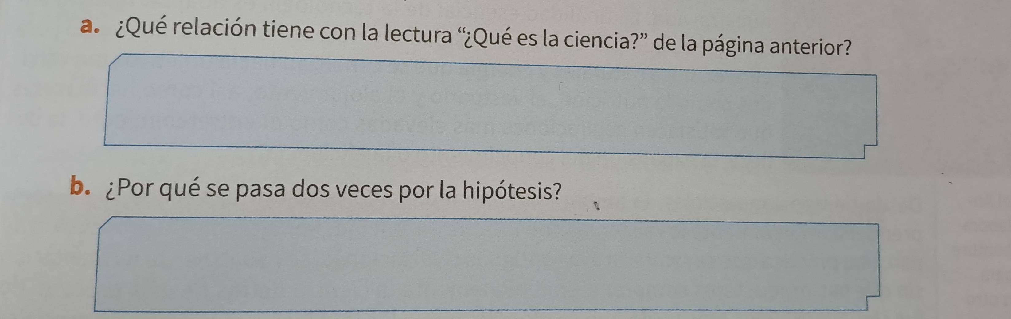 ¿Qué relación tiene con la lectura “¿Qué es la ciencia?” de la página anterior? 
b. ¿Por qué se pasa dos veces por la hipótesis?