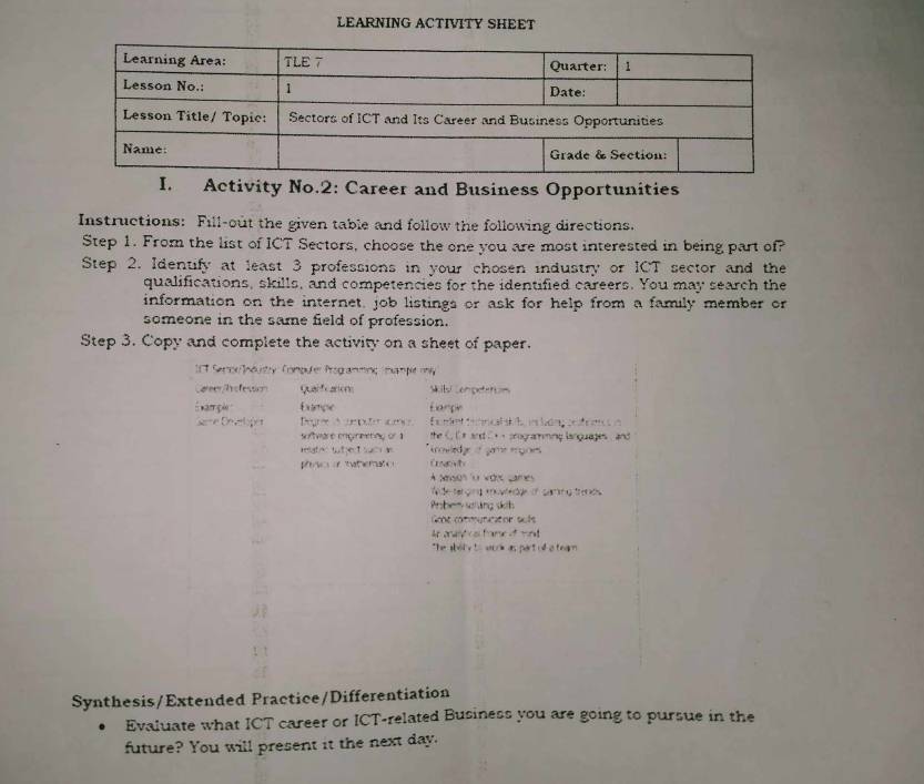 LEARNING ACTIVITY SHEET 
I. Activity No.2: Career and Business Opportunities 
Instructions: Fill-out the given table and follow the following directions. 
Step 1. From the list of ICT Sectors, choose the one you are most interested in being part of? 
Step 2. Identify at least 3 professions in your chosen industry or ICT sector and the 
qualifications, skills, and competencies for the identified careers. You may search the 
information on the internet, job listings or ask for help from a family member or 
someone in the same field of profession. 
Step 3. Copy and complete the activity on a sheet of paper. 
1T Semor Jnoustry Compuler Programming Tmample my 
aeeh ofewm Qualifications Wils Competern 
E ampãe funce Eampe 
Geme Deverloper Degr mpto e E s m éent te ral tf en lu dn pe e 
softviare engnmetny or 1 the C. C s and C t · programming languages , and 
rgte wthect suc n Krowedge n gameengnes 
pnc atemat 
À Msos o vors cames 
Wde tenging movtedge of saming trends 
Probensring skib 
Goe commyniciton suts 
Ae panticsl fame if tnt 
"he abely to work as part of a team 
Synthesis/Extended Practice/Differentiation 
Evaluate what ICT career or ICT-related Business you are going to pursue in the 
future? You will present it the next day.