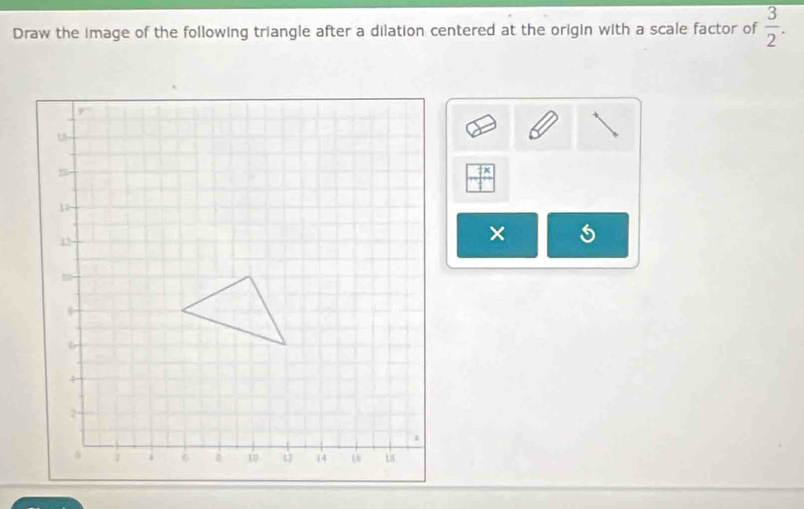 Draw the image of the following triangle after a dilation centered at the origin with a scale factor of  3/2 . 
_ overline  
× 5