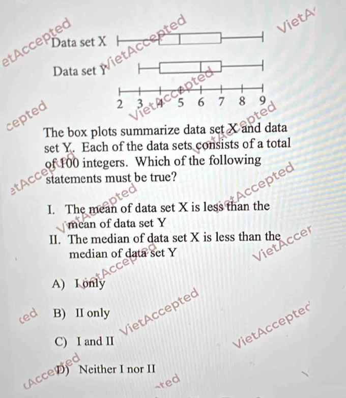 Data set 
etAccepted
etA
Data set
cepted
The box plots summarize data set X and data
set Y. Each of the data sets consists of a total
of 100 integers. Which of the following
statements must be true?
tAcce
ccepted
I. The mean of data set X is less than the
mean of data set Y
II. The median of data set X is less than the
iccer
median of data set Y oth
A) I only
VietAccepted
red B) II only
C) I and II
VietAccepted
AcceD) Neither I nor II
ted