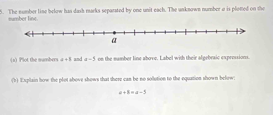 The number line below has dash marks separated by one unit each. The unknown number a is plotted on the 
number line. 
(a) Plot the numbers a+8 and a-5 on the number line above. Label with their algebraic expressions. 
(b) Explain how the plot above shows that there can be no solution to the equation shown below:
a+8=a-5