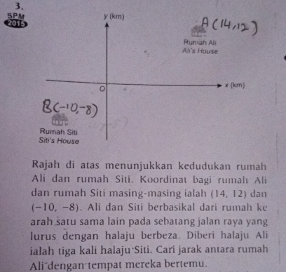 SPM
20
Rajah di atas menunjukkan kedudukan rumah
Ali dan rumah Siti. Koordinat bagi rumah Ali
dan rumah Siti masing-masing ialah (14,12) dan
(-10,-8). Ali dan Siti berbasikal dari rumah ke
arah satu sama lain pada sebatang jalan raya yang
lurus dengan halaju berbeza. Diberi halaju Ali
ialah tiga kali halaju Siti. Cari jarak antara rumah
Ali dengan tempat mereka bertemu.