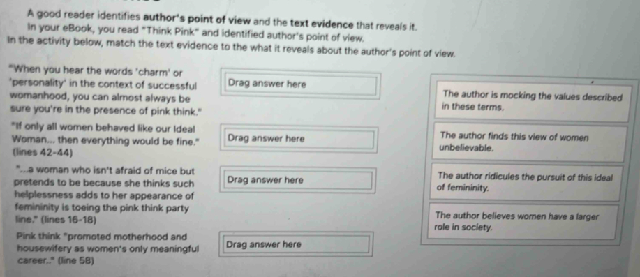 A good reader identifies author's point of view and the text evidence that reveals it.
In your eBook, you read "Think Pink" and identified author's point of view.
In the activity below, match the text evidence to the what it reveals about the author's point of view.
"When you hear the words 'charm’ or
'personality' in the context of successful Drag answer here The author is mocking the values described
womanhood, you can almost always be in these terms.
sure you're in the presence of pink think."
"If only all women behaved like our Ideal The author finds this view of women
Woman... then everything would be fine." Drag answer here unbelievable.
(lines 42-44)
"a woman who isn't afraid of mice but The author ridicules the pursuit of this ideal
pretends to be because she thinks such Drag answer here of femininity.
helplessness adds to her appearance of
femininity is toeing the pink think party The author believes women have a larger
line." (lines 16-18) role in society.
Pink think "promoted motherhood and
housewifery as women's only meaningful Drag answer here
career.." (line 58)