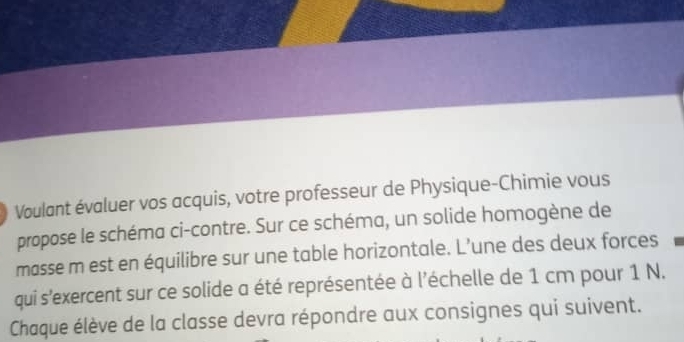 Voulant évaluer vos acquis, votre professeur de Physique-Chimie vous 
propose le schéma ci-contre. Sur ce schéma, un solide homogène de 
masse m est en équilibre sur une table horizontale. L’une des deux forces 
qui s'exercent sur ce solide a été représentée à l'échelle de 1 cm pour 1 N. 
Chaque élève de la classe devra répondre aux consignes qui suivent.