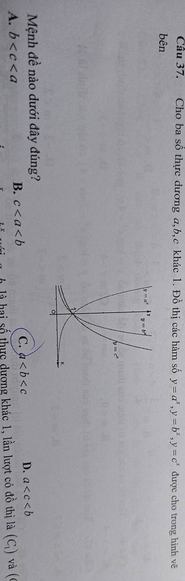 Cho ba số thực dương a,b,c khác 1. Đồ thị các hàm số y=a^x,y=b^x,y=c^x được cho trong hình vẽ
bên
Mệnh đề nào dưới đây đúng?
D. a
A. b B. c
C. a
là  ai số thực dương khác 1, lần lượt có dhat o thị là (C_1) và ((