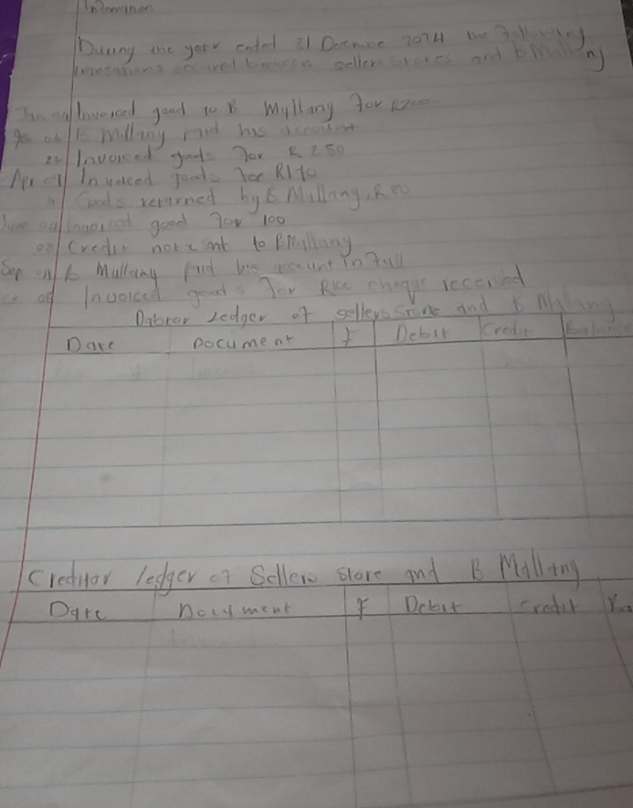 Inewnon 
Dunng the your ended 21 Decnase z07u1 the 3ellev 
dransahons sewel borreon sellevecrores and bld ) 
In oylawoneed good to B Myllany for pace 
ge ouk malling rid his account 
2lnvokced fots yor R2 SO 
Apr el In vaced goods Yor R1to 
Goods rerarned by E Millany, Re0 
Juve ou lawoical good 7or 100
od credis nore snt to Brillany 
Sap onl k Mallang pid his rcount in tal 
a of Invorced good. for Rrcc chagy receried 
Datrer Ledger of selleys srone and B M 
Dare Docume nt Debit credit 
crednor ledger a Sellew slare and B Malling 
Dcbit 
Dare Dcul ment credil Wo