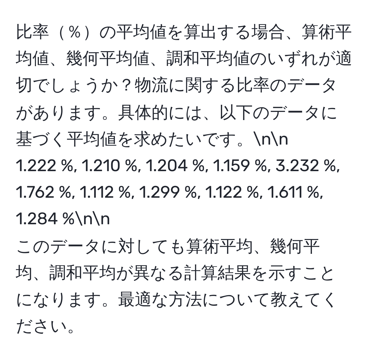 比率％の平均値を算出する場合、算術平均値、幾何平均値、調和平均値のいずれが適切でしょうか？物流に関する比率のデータがあります。具体的には、以下のデータに基づく平均値を求めたいです。nn
1.222 %, 1.210 %, 1.204 %, 1.159 %, 3.232 %, 1.762 %, 1.112 %, 1.299 %, 1.122 %, 1.611 %, 1.284 %nn
このデータに対しても算術平均、幾何平均、調和平均が異なる計算結果を示すことになります。最適な方法について教えてください。