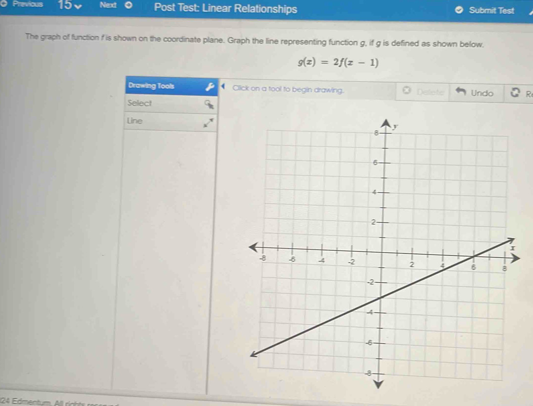 Previou 15 Nexxt Post Test: Linear Relationships Submit Test 
The graph of function f is shown on the coordinate plane. Graph the line representing function g, if g is defined as shown below.
g(x)=2f(x-1)
Drawing Tools Click on a tool to begin drawing. Delete Undo R 
Select 
Line 
24 Edmentum. All righte ro