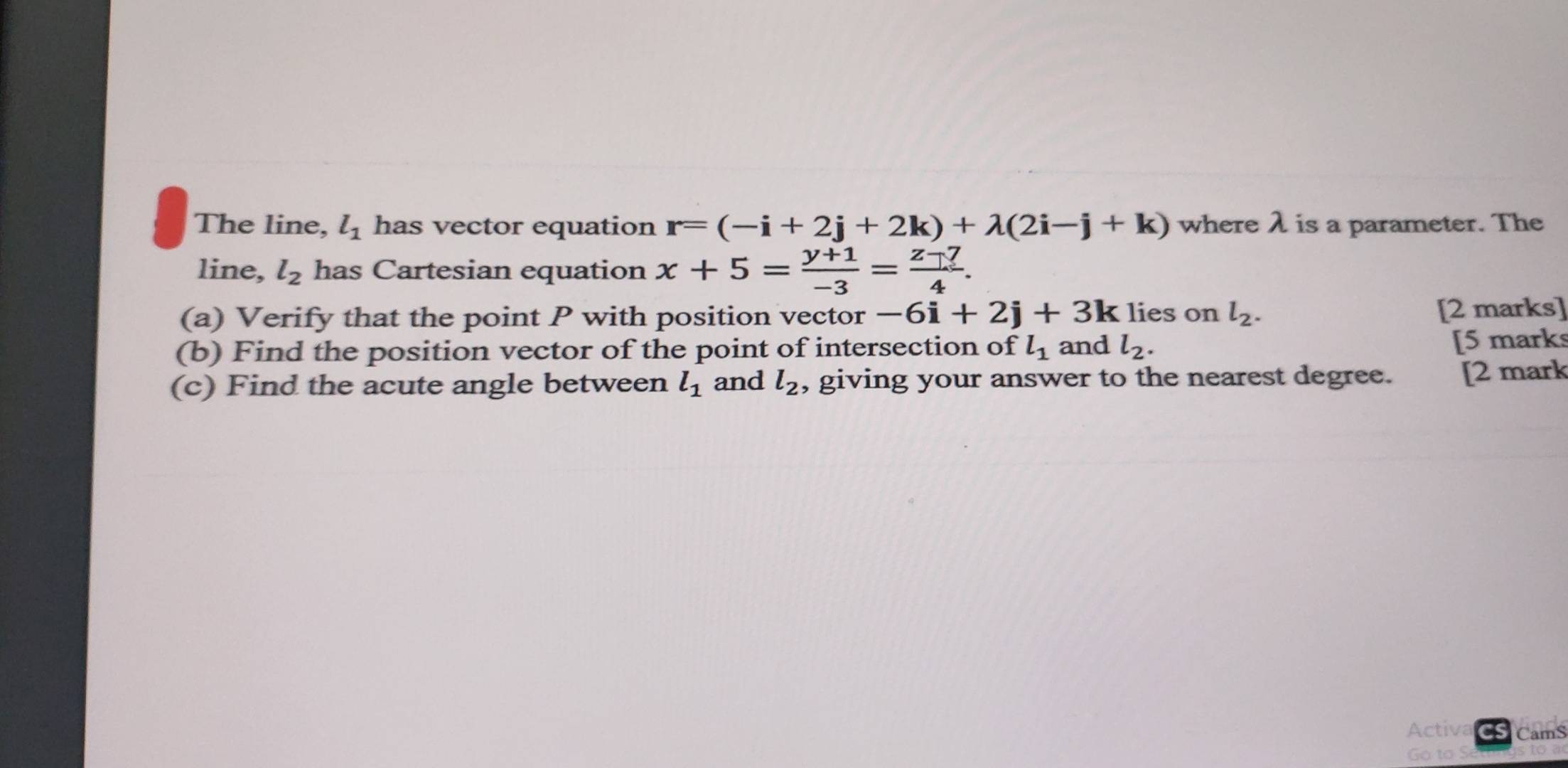 Solved: The line, l_1 has vector equation r=(-i+2j+2k)+lambda (2i-j+k ...