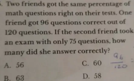Solved: Two friends got the same percentage of math questions right on ...