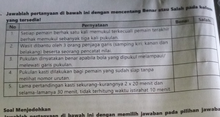 Jawabiah pertanyaan di bawah ini dengan mencentang Benar atau Saiah pada kolon
Soal Menjodohkan
ah nertanyaan di bawaḥ ini dengan memilih jawaban pada pilihan jawaba