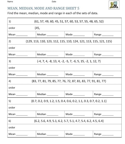 Name Date
MEAN, MEDIAN, MODE AND RANGE SHEET 5