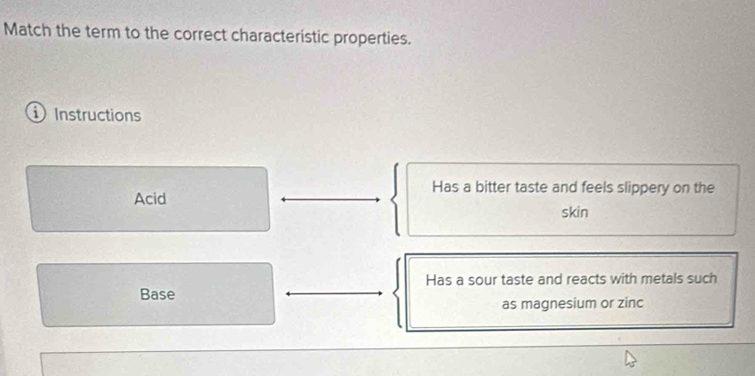 Match the term to the correct characteristic properties.
Instructions
Has a bitter taste and feels slippery on the
Acid
skin
Has a sour taste and reacts with metals such
Base
as magnesium or zinc