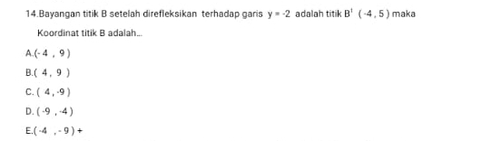 Bayangan titik B setelah direfleksikan terhadap garis y=-2 adalah titik B'(-4,5) maka
Koordinat titik B adalah...
A. (-4,9)
B (4,9)
C. (4,-9)
D. (-9,-4)
E (-4,-9)+