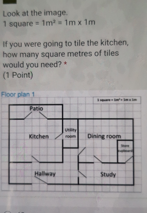 Look at the image.
1 square=1m^2=1m* 1m
If you were going to tile the kitchen,
how many square metres of tiles
would you need? *
(1 Point)
Floor plan 1