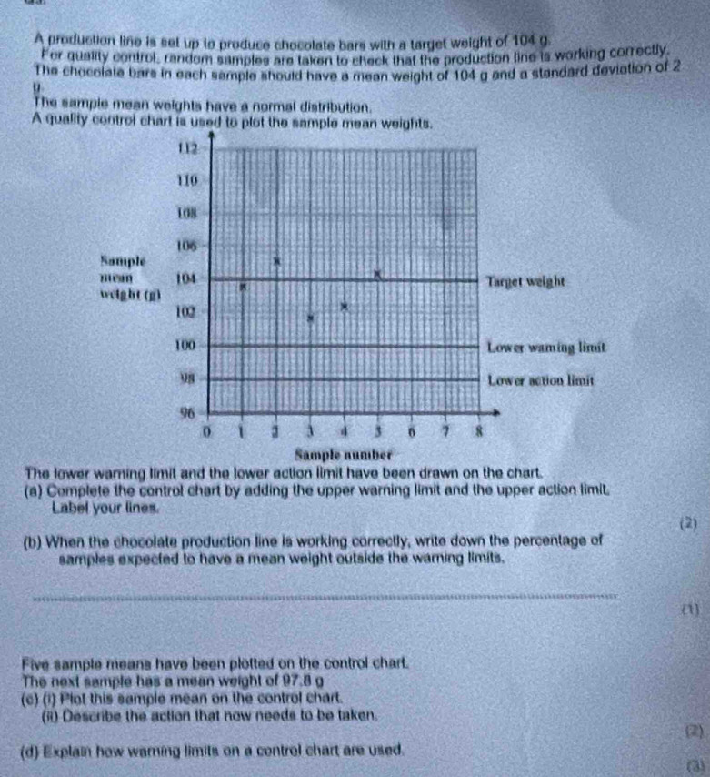 A production line is set up to produce chocolate bars with a target weight of 104 g. 
For quality control, random samples are taken to check that the production line is working correctly 
The chocolate bars in each sample should have a mean weight of 104 g and a standard deviation of 2
u 
The sample mean weights have a normal distribution. 
A qua 
The lower warning limit and the lower action limit have been drawn on the chart. 
(a) Complete the control chart by adding the upper warning limit and the upper action limit. 
Label your lines. 
(b) When the chocolate production line is working correctly, write down the percentage of (2) 
samples expected to have a mean weight outside the warning limits. 
_ 
(1) 
Five sample means have been plotted on the control chart. 
The next sample has a mean weight of 97.8 g
(c) (1) Plot this sample mean on the control chart. 
(i) Describe the action that now needs to be taken. 
(d) Explain how warning limits on a control chart are used. (2) 
(3)
