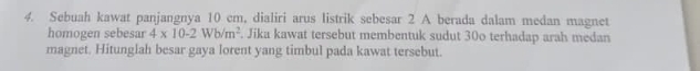 Sebuah kawat panjangnya 10 cm, dialiri arus listrik sebesar 2 A berada dalam medan magnet 
homogen sebesar 4* 10-2Wb/m^2. Jika kawat tersebut membentuk sudut 30o terhadap arah medan 
magnet. Hitunglah besar gaya lorent yang timbul pada kawat tersebut.