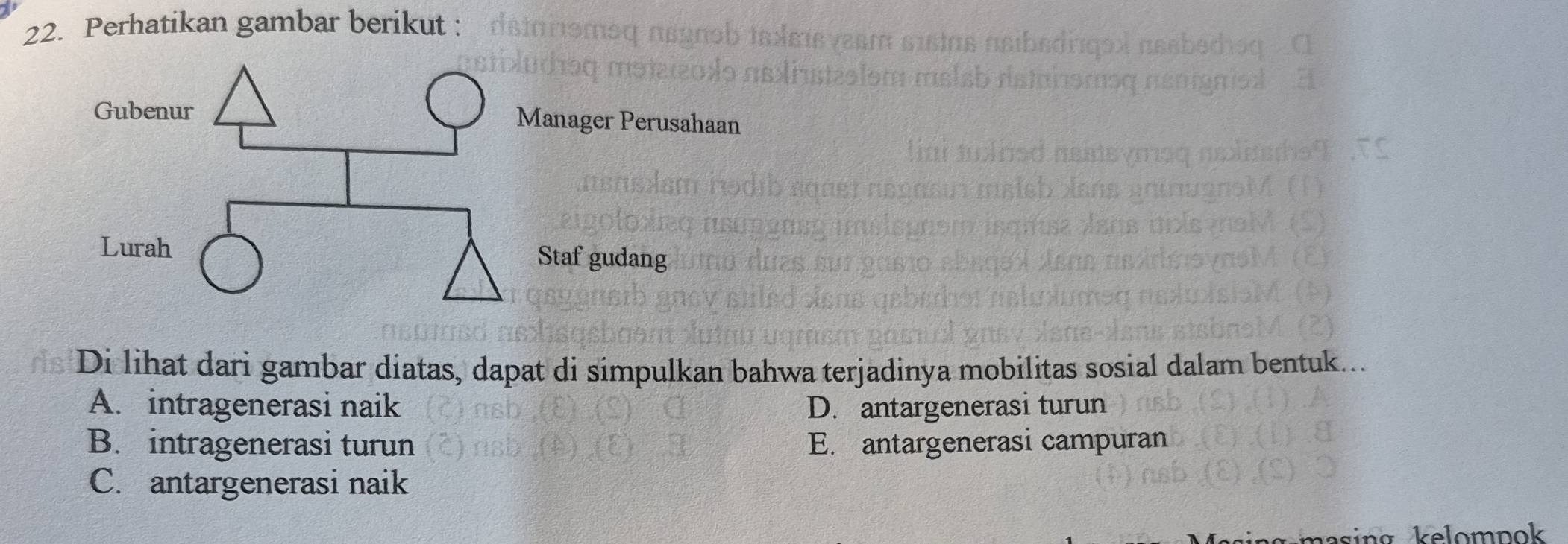 Perhatikan gambar berikut :
Di lihat dari gambar diatas, dapat di simpulkan bahwa terjadinya mobilitas sosial dalam bentuk..
A. intragenerasi naik D. antargenerasi turun
B. intragenerasi turun E. antargenerasi campuran
C. antargenerasi naik