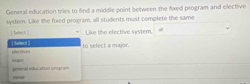 General education tries to find a middle point between the fixed program and elective
system. Like the fixed program, all students must complete the same
[ Select ] . Like the elective system, alil
[ Select ] to select a major.
electives
major
general education program
minor