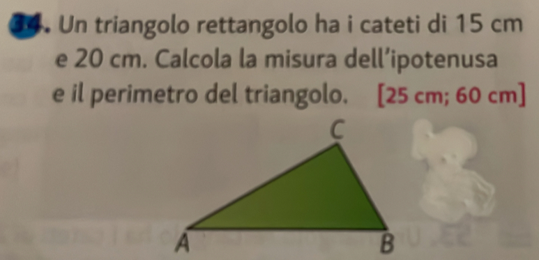 Un triangolo rettangolo ha i cateti di 15 cm
e 20 cm. Calcola la misura dell’ipotenusa 
e il perimetro del triangolo. [ 25 cm; 60 cm ]